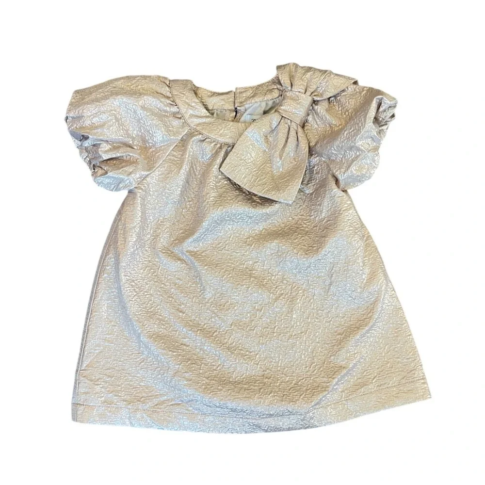 Zara‎ Baby Girl Holiday Dress 12-18 months Gold Bow Party Dressy Champagne Cute